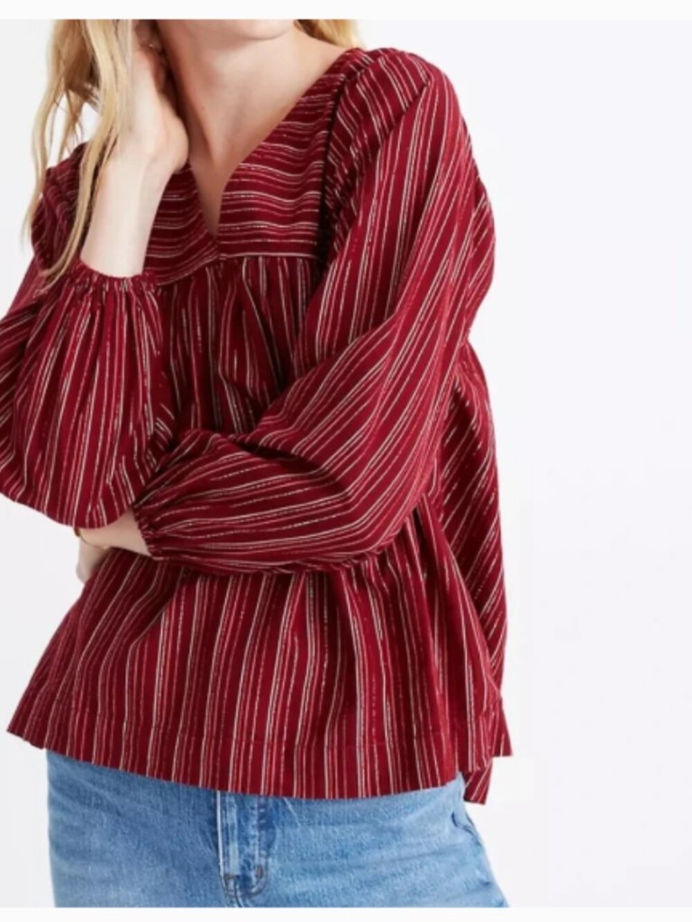 Madewell Swingy Peasant Top in Metallic Stripe Deep Red Blouse Size Large